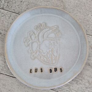 Handmade Pottery Plate White with Anatomical Heart Design Text Lub Dub